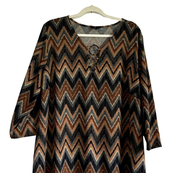Tacera 3X Womens Chevron Print Dress  Long Sleeves Retro Vibes 70s Plus Size - Picture 2 of 8